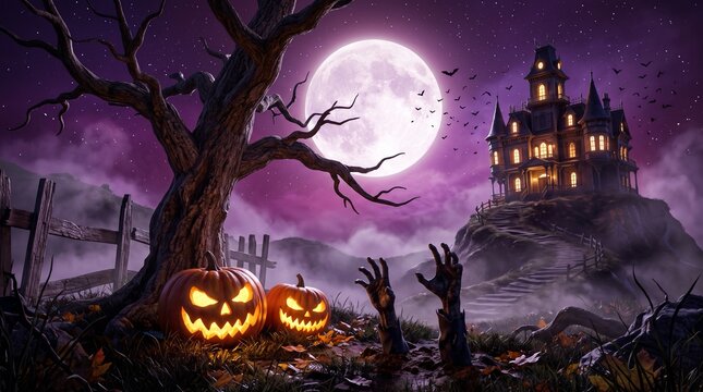 Spooky jack o lanterns and reaching zombie hands sit before a victorian mansion under a full moon with two glowing