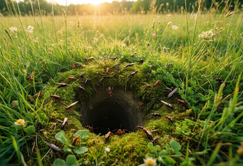 Fototapeta premium Biodiversity and ecosystem health, ants and insects gathering around a burrow entrance in a lush green meadow during a sunny spring morning