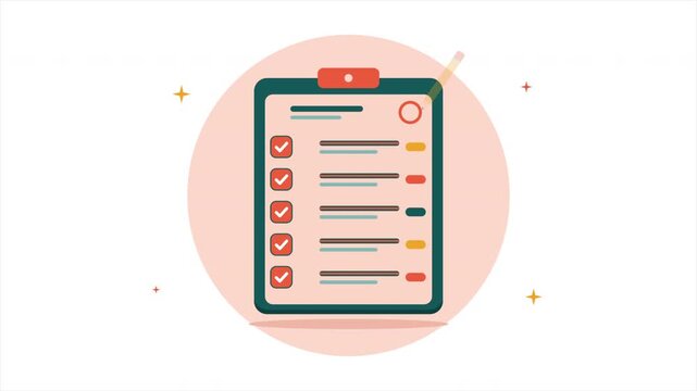 Animated checklist on a clipboard with a pencil marking completed tasks. Flat design illustration of a to-do list, task management, or project completion concept.