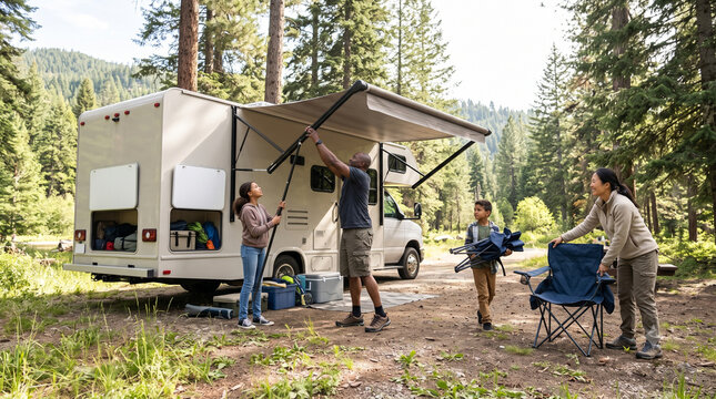 Diverse family setting up awning outside RV camper.