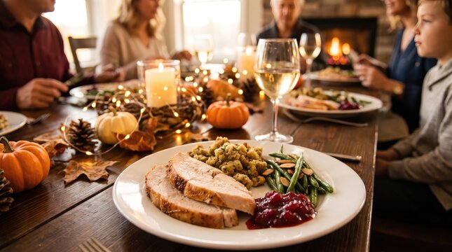 Family celebrating thanksgiving day dinner together with traditional turkey, stuffing and wine