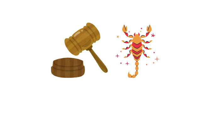 Scorpio zodiac sign with judicial wooden gavel symbol representing astrology law and legal justice concept illustration isolated on white background