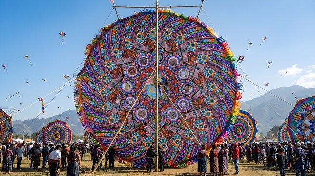 Giant colorful traditional Guatemalan kite displayed during the All Saints Day festival in Sumpango with blue sky background