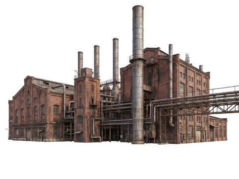 Old rustic industrial brick factory building as isolated on with as isolated on transparent background