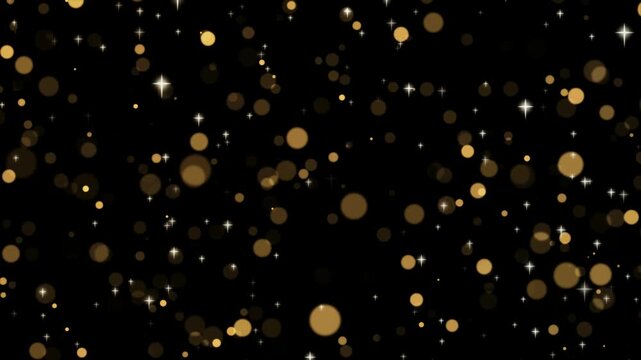Golden bokeh circles with white cross sparkles twinkling on black background, seamless loop for Christmas holiday greetings in 4K