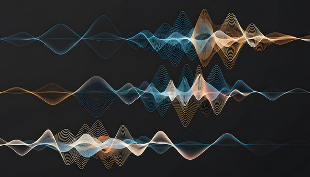 Triple digital sound frequency waves oscillating on dark background. Audio engineering and music track visualization. Glowing acoustic equalizer lines pulsing with stereo sound signals.