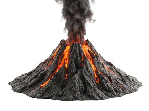 Erupting volcano with flowing lava and smoke as isolated on, lava as isolated on transparent background