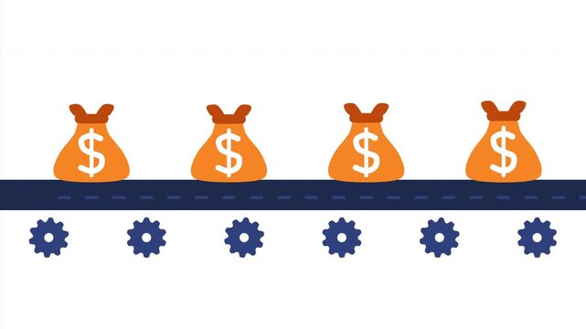 Money bags with dollar signs moving on a conveyor belt powered by gears, symbolizing financial production, wealth generation, business processes, and efficient economic systems.