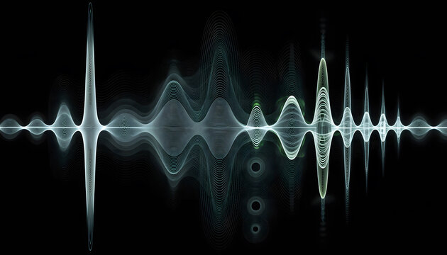 Digital sound frequency waveform with sharp peaks on black background. Audio engineering and oscilloscope testing. Acoustic signal wave oscillating across modern equalizer display.