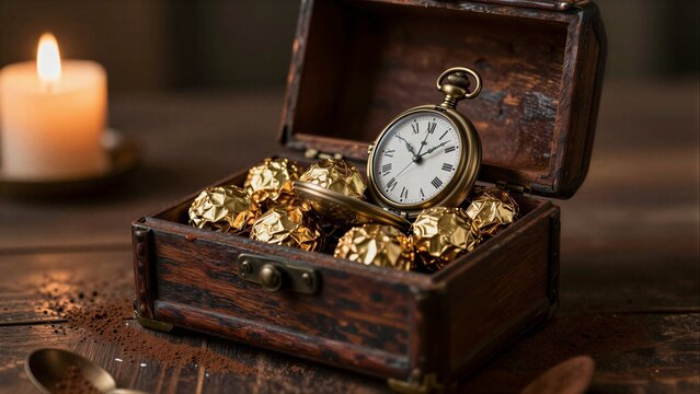 Wooden box holds gold-wrapped chocolates and a vintage pocket watch beside candlelight.