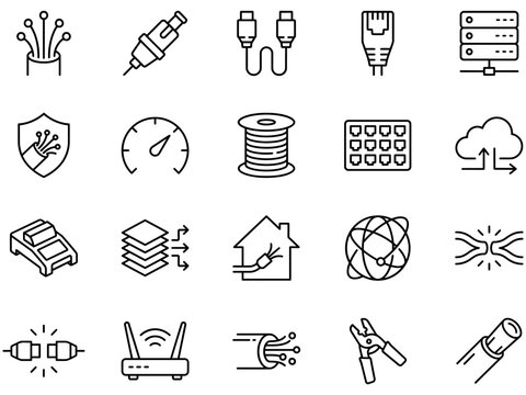 Network connectivity and internet technology outline icon set displaying various data infrastructure components for digital communication.