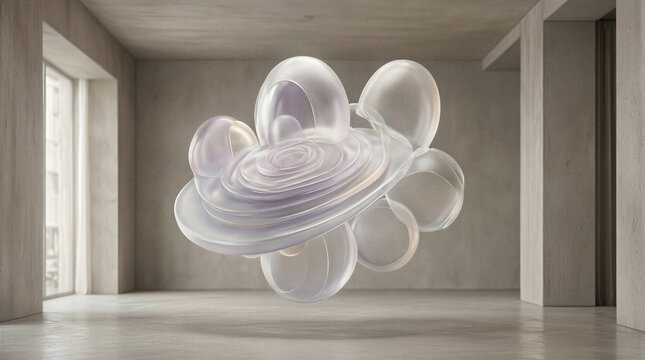 Frosted glass sculpture floating in minimalist room with sculptural domes and terraced discs creating weightless interior atmosphere