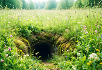 Fototapeta premium Wilderness exploration and nature discovery, dark mysterious tunnel entrance hidden in a lush green meadow with wildflowers and tall grass in summer
