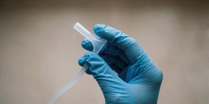 Medical professional wearing blue nitrile gloves holding a suction catheter tube in a clinical healthcare environment for patient treatment and care