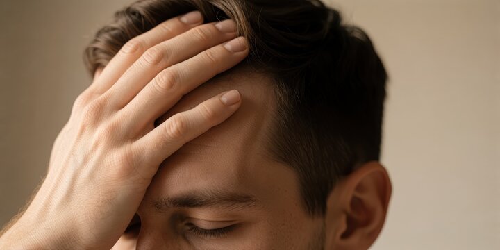 Young adult caucasian man suffering from severe headache migraine or stress holding hand to forehead
