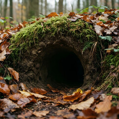 Fototapeta premium Wildlife habitat and nature conservation, animal burrow entrance in a forest floor with moss and autumn leaves for environmental and ecology projects