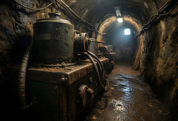 Fototapeta premium Industrial decay and mining infrastructure, abandoned underground tunnel with rusted machinery and electrical equipment in a dark subterranean passage