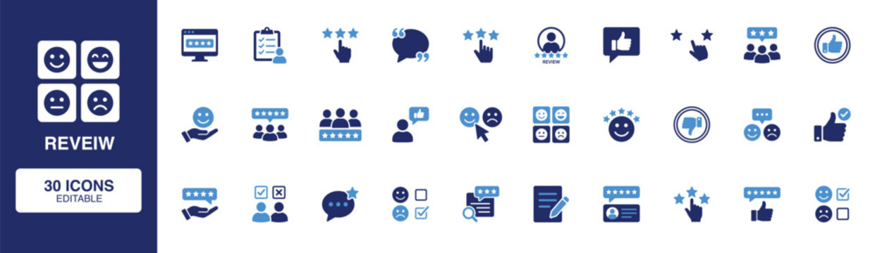Review Solid Icon Set with star rating, stars, customer feedback, approval checklist, user opinion, satisfaction survey, online recommendation and product evaluation