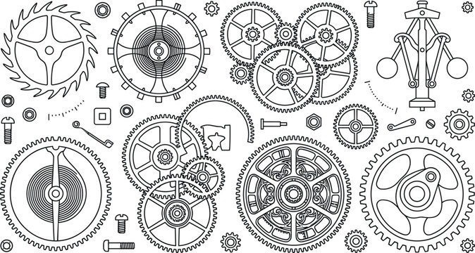 Vintage clockwork mechanisms and mechanical watch parts line art set gears mainspring pendulum governor vector outline isolated on white background[cite: 21]