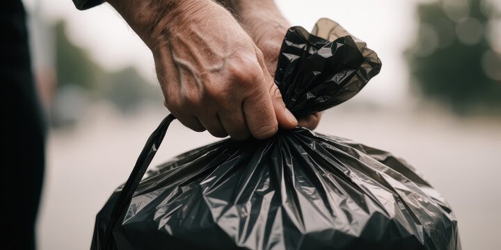 Elderly man holding a full black trash bag outdoors, representing waste management, sanitation, and neighborhood cleanup efforts by senior citizens