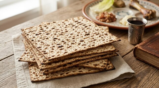 Traditional stack of matzah crackers on wooden table with Passover meal.