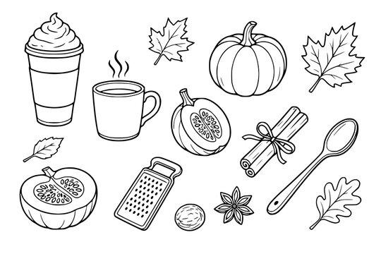 Pumpkin spice latte ingredients including coffee cups, sliced pumpkin, maple leaves, cinnamon sticks, nutmeg, grater, star anise, and a wooden spoon in outline.