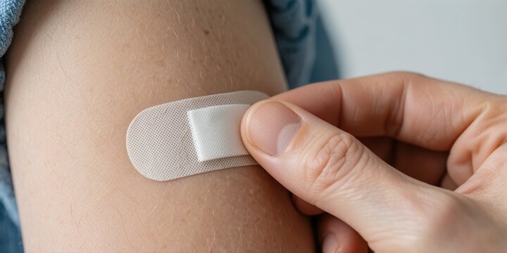 Close up of person applying adhesive bandage to upper arm after getting vaccination injection