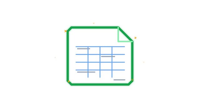Animated spreadsheet document icon with glowing green borders and rising sparkles in motion video clip