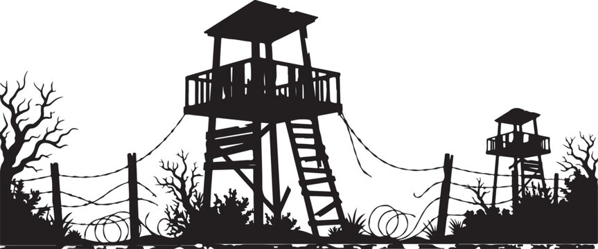 Black silhouette of two watchtowers connected by barbed wire fences, depicting a restricted or prison area on a white background