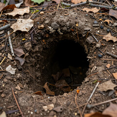 Fototapeta premium Wildlife habitat and animal burrow, dark underground hole in forest soil with autumn leaves for nature conservation and environmental biology research