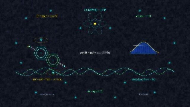 Digital science animation, technology data analysis, network science, biotechnology structure, chemistry symbols, innovation graph