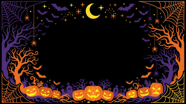Halloween border frame with pumpkins bats and spider webs for spooky