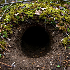 Fototapeta premium Wildlife habitat and nature conservation, dark animal burrow entrance in forest ground with green moss and fallen leaves for environmental research