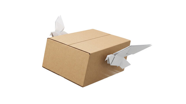 Cardboard parcel box with origami bird wings, fast shipping package concept, flying brown parcel delivery logistics icon isolated PNG with Transparent Background