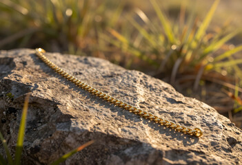 Naklejka premium Luxury and wealth concept, gold chain bracelet resting on a natural stone surface in warm sunset light for fashion and jewelry marketing photography