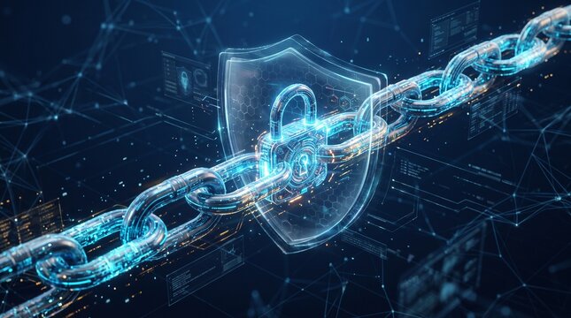Advanced digital blockchain technology concept showcasing robust data security and encrypted network connections, symbolizing decentralized trust and protection in a modern cyber environment