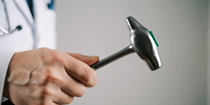 Doctor holding a neurological reflex hammer for medical examination in clinic, healthcare concept