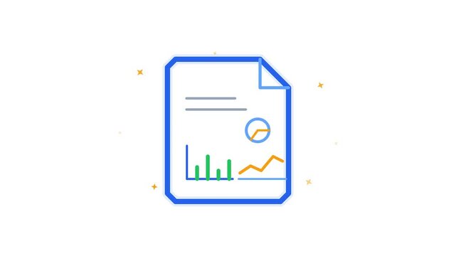 Animated document graphic with vibrant charts and data statistics displayed smoothly in motion video clip