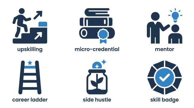 Professional business icons featuring upskilling, micro credential, mentor, career ladder, side hustle, and skill badge