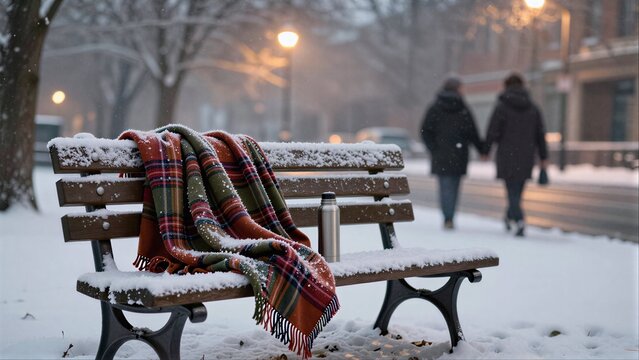 Snowy bench with blanket and thermoses, warm lights glow in winter evening.