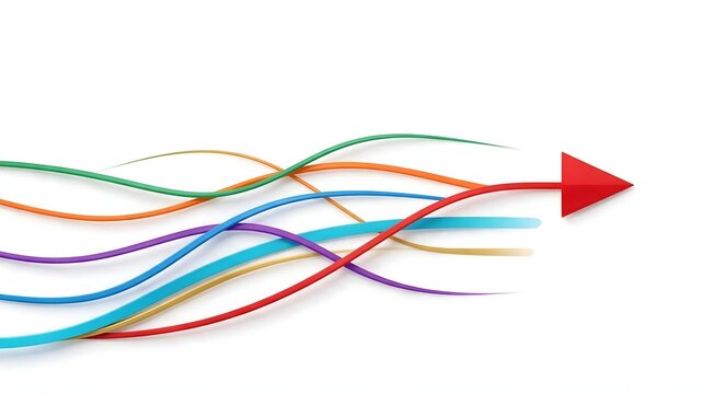 Thin colorful wavy lines blending into a single red arrow on a white background, illustrating the unification of diverse paths, business synergy, and collective direction.