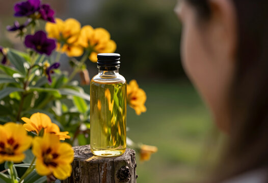 Natural wellness and organic skincare, essential oil bottle on wooden stump with yellow flowers and woman looking at botanical beauty product outdoors