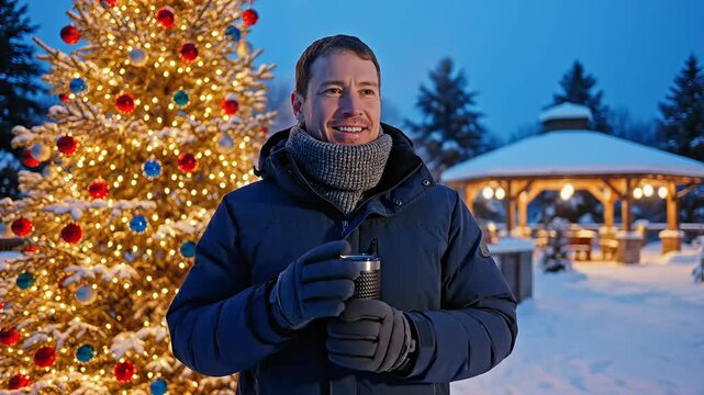Charming winter broll footage of a smiling man holding a warm beverage outdoors near a brilliantly illuminated Christmas tree during a serene snowy evening twilight.