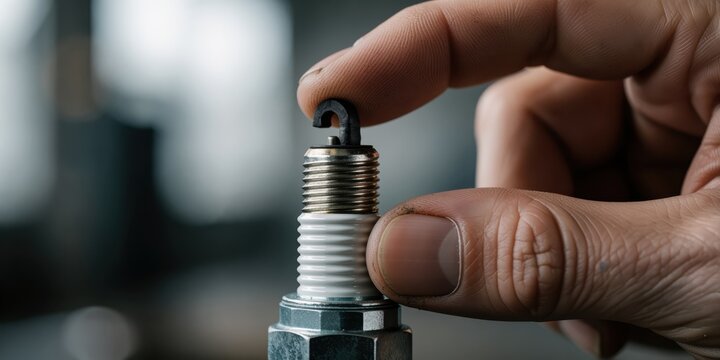 Close-up of a mechanic checking the gap of a new spark plug in an automotive workshop for car maintenance and engine repair
