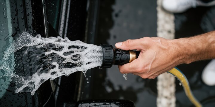 Person washing a car windshield with a hose spraying soapy water outdoors, car detailing and vehicle maintenance concept