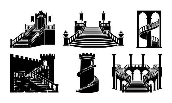 Castle and palace staircase silhouettes for fantasy or historical design, royal entrance and spiral tower stairs