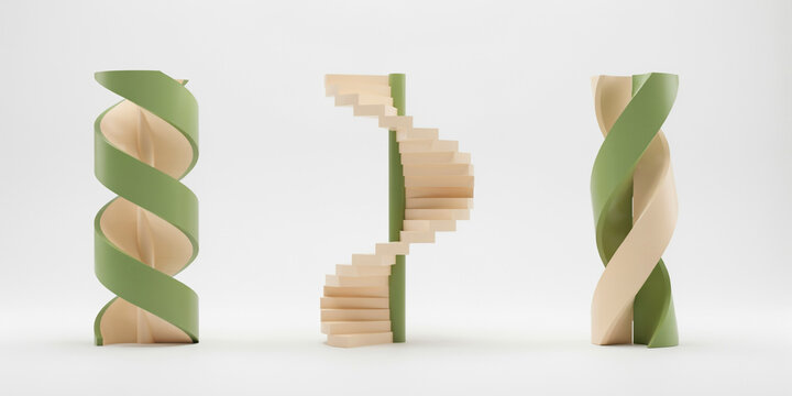 Three spiral staircase structures in sage green and cream colors isolated on a plain white background