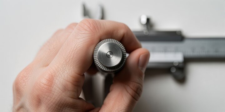 Close-up of a hand holding a metal vernier caliper adjustment knob for precision measurement work