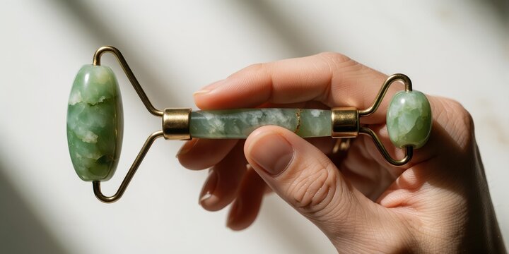 Green jade facial roller held in hand for anti-aging skincare and wellness routine