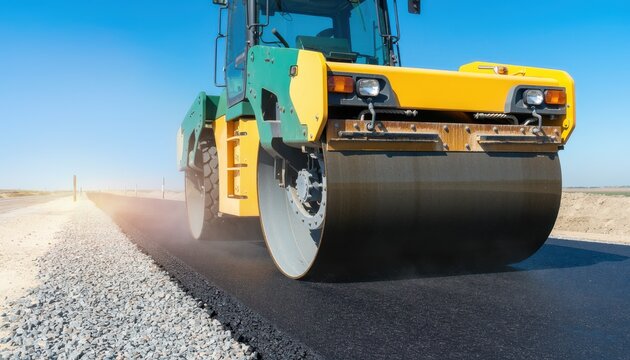 A heavy road roller compacts fresh asphalt on a highway under a clear blue sky, smoothing pavement at a sunny construction worksite.